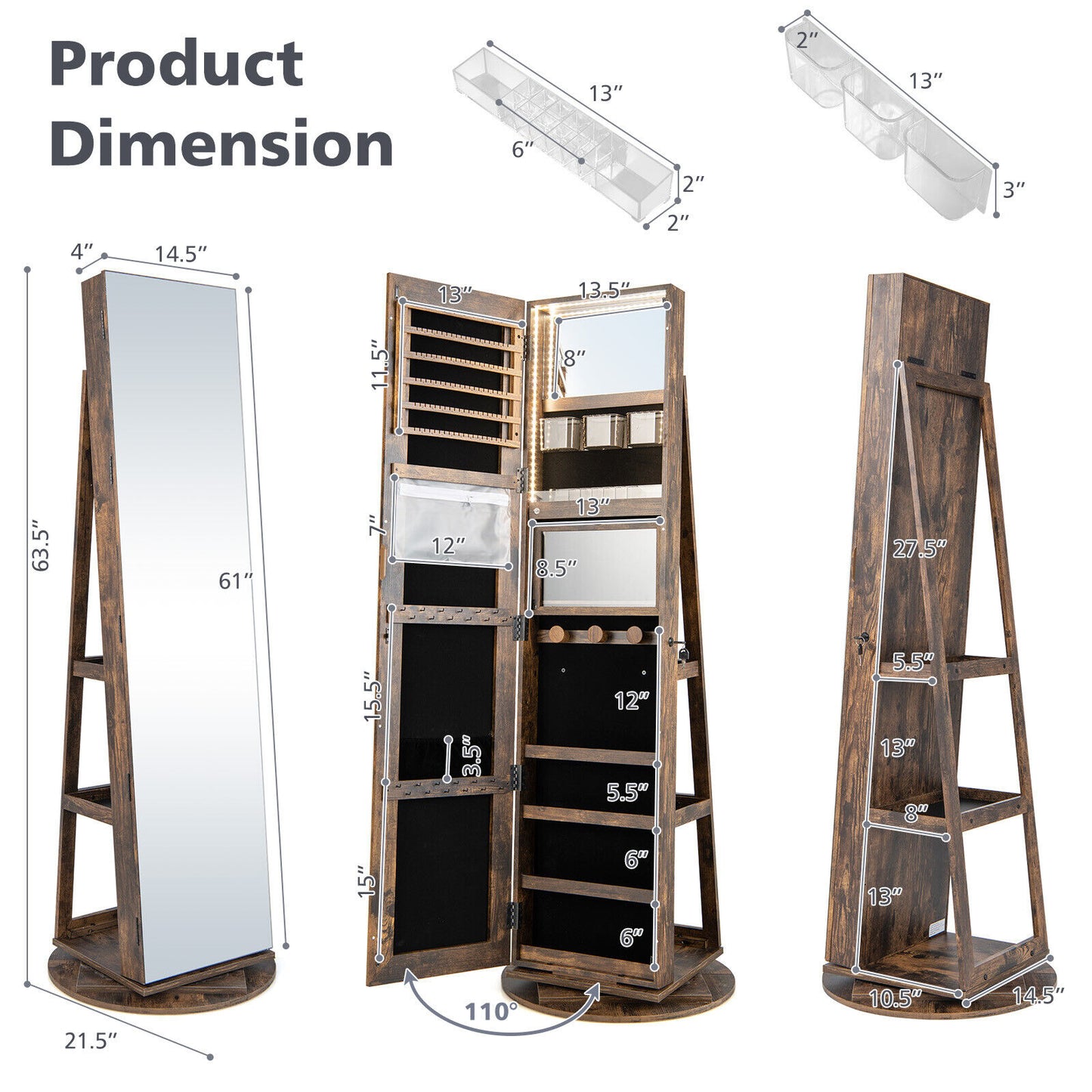 360° Rotating Mirrored Jewelry Cabinet Armoire 3 Color LED Modes Lockable-Brown Kids Crystal