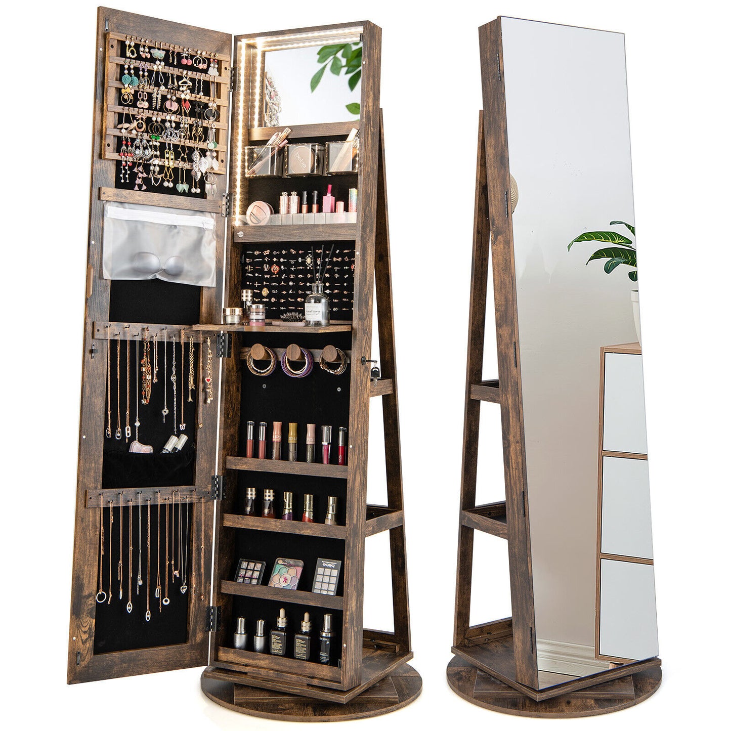 360° Rotating Mirrored Jewelry Cabinet Armoire 3 Color LED Modes Lockable-Brown Kids Crystal