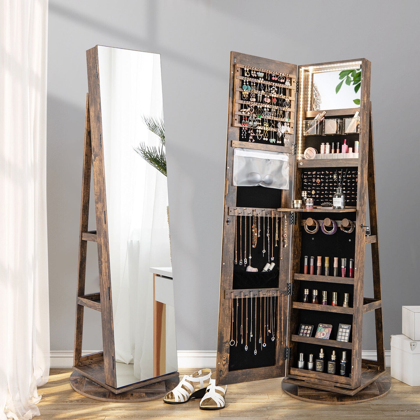 360° Rotating Mirrored Jewelry Cabinet Armoire 3 Color LED Modes Lockable-Brown Kids Crystal