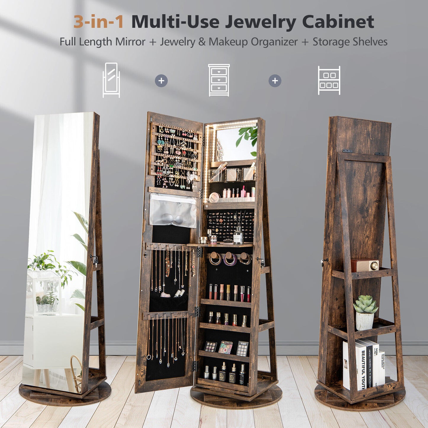 360° Rotating Mirrored Jewelry Cabinet Armoire 3 Color LED Modes Lockable-Brown Kids Crystal