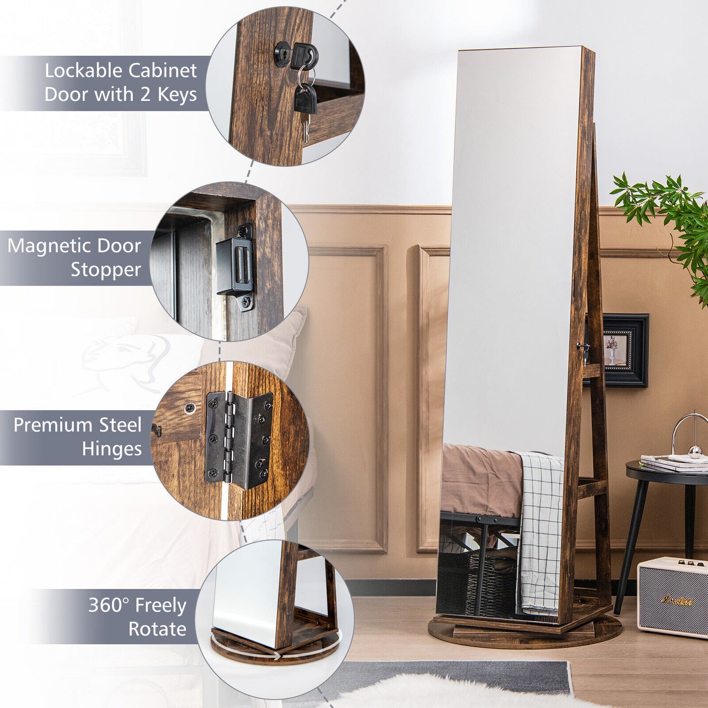 360° Rotating Mirrored Jewelry Cabinet Armoire 3 Color LED Modes Lockable-Brown Kids Crystal
