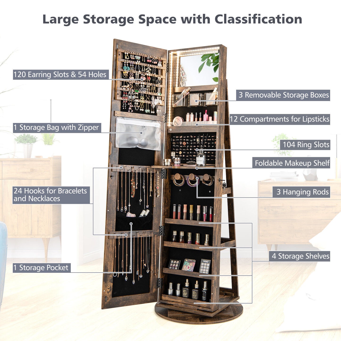 360° Rotating Mirrored Jewelry Cabinet Armoire 3 Color LED Modes Lockable-Brown Kids Crystal
