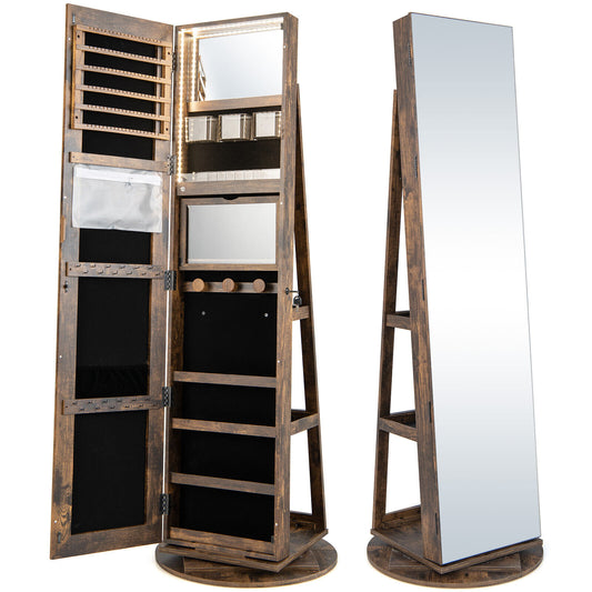 360° Rotating Mirrored Jewelry Cabinet Armoire 3 Color LED Modes Lockable-Brown Kids Crystal