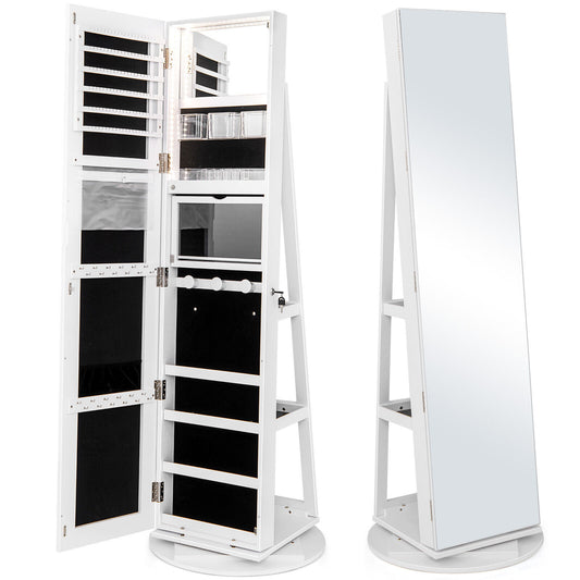 360° Rotating Mirrored Jewelry Cabinet Armoire 3 Color LED Modes Lockable-White Kids Crystal