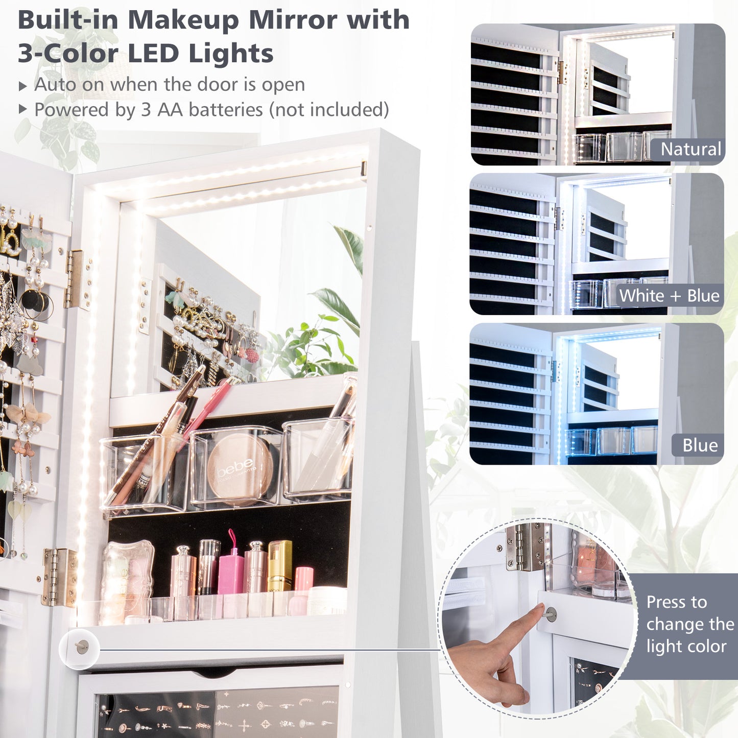 360° Rotating Mirrored Jewelry Cabinet Armoire 3 Color LED Modes Lockable-White Kids Crystal