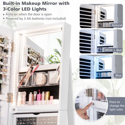 360° Rotating Mirrored Jewelry Cabinet Armoire 3 Color LED Modes Lockable-White