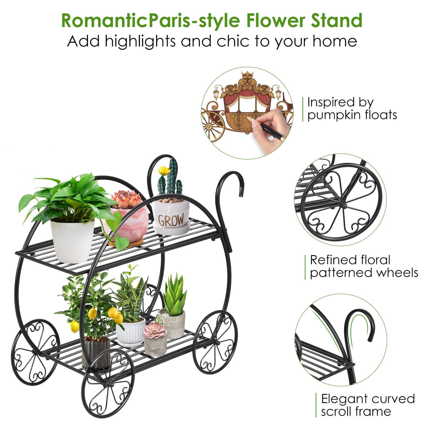 Heavy Duty Metal Flower Cart Plant Stand Kids Crystal