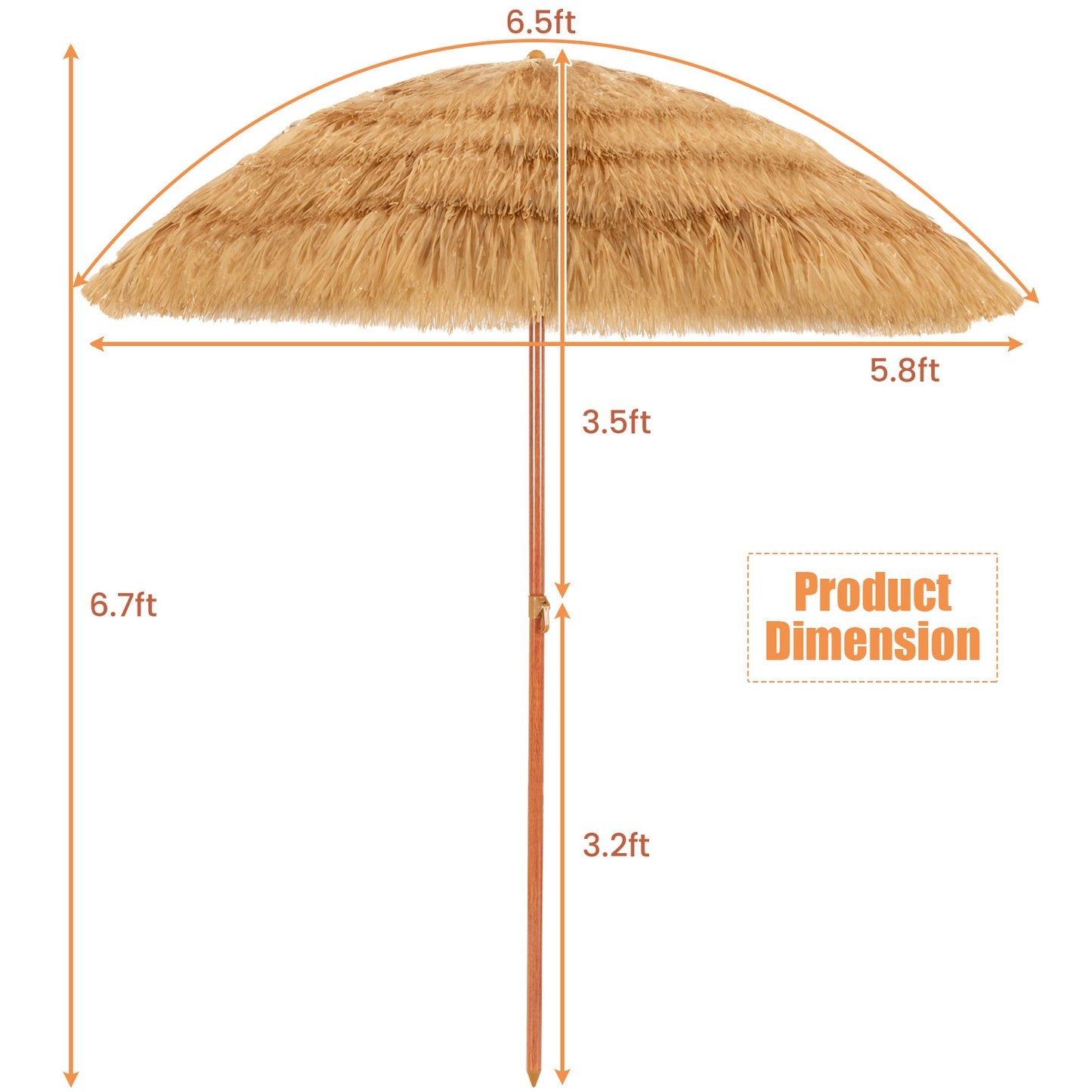 6.5 Feet Portable Thatched Tiki Beach Umbrella with Adjustable Tilt for Poolside and Backyard Kids Crystal
