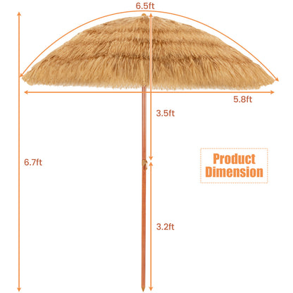 6.5 Feet Portable Thatched Tiki Beach Umbrella with Adjustable Tilt for Poolside and Backyard