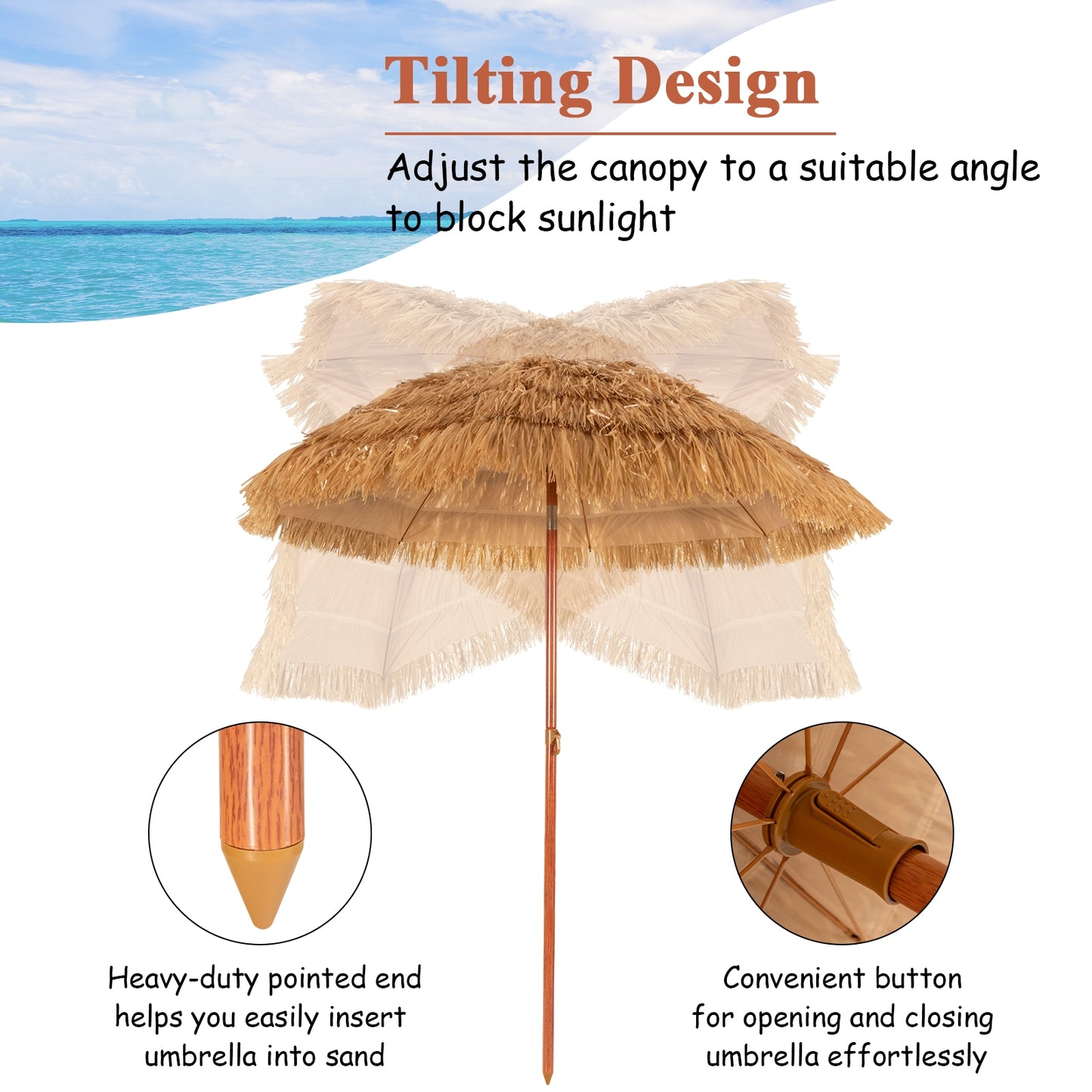 6.5 Feet Portable Thatched Tiki Beach Umbrella with Adjustable Tilt for Poolside and Backyard Kids Crystal