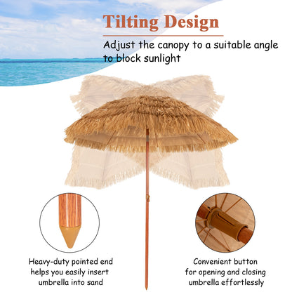 6.5 Feet Portable Thatched Tiki Beach Umbrella with Adjustable Tilt for Poolside and Backyard