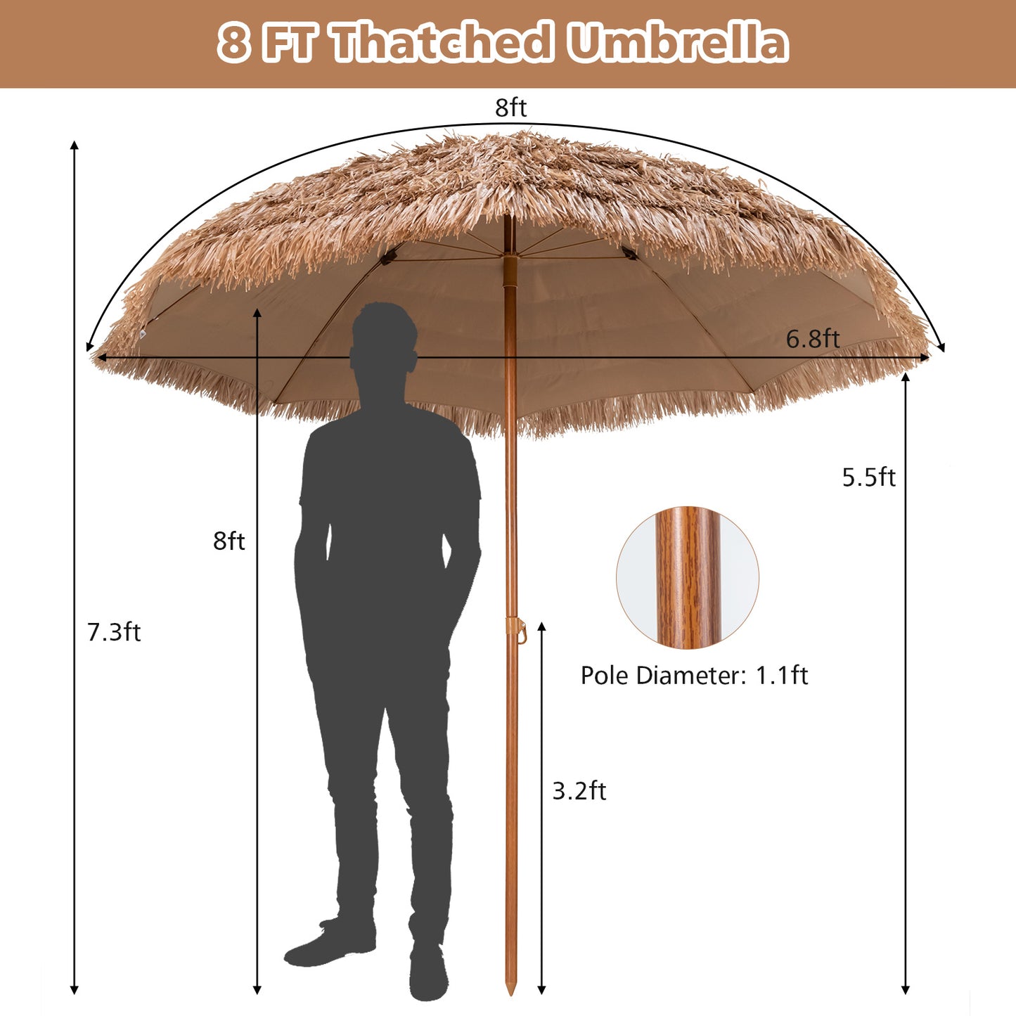 8 Feet Patio Thatched Tiki Umbrella Hawaiian Hula Beach Umbrella Kids Crystal