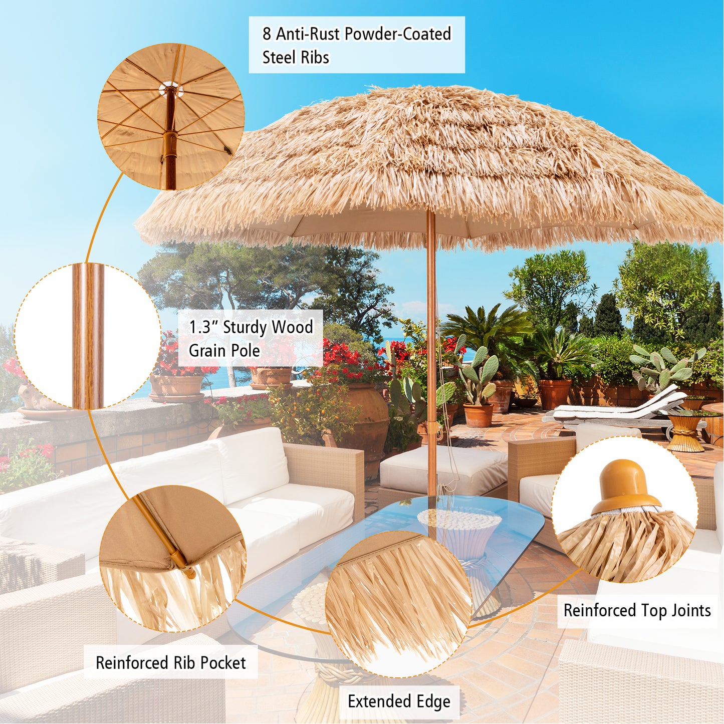 8 Feet Patio Thatched Tiki Umbrella Hawaiian Hula Beach Umbrella Kids Crystal