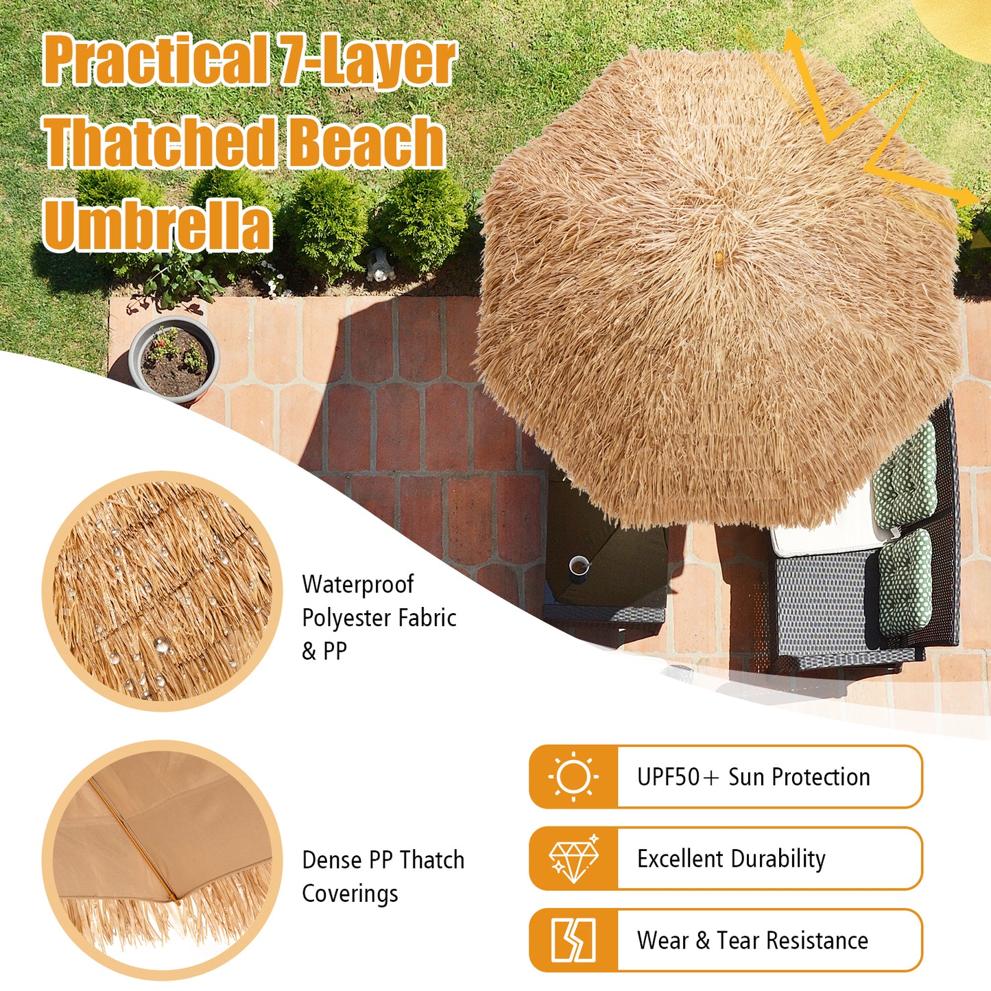 8 Feet Patio Thatched Tiki Umbrella Hawaiian Hula Beach Umbrella Kids Crystal