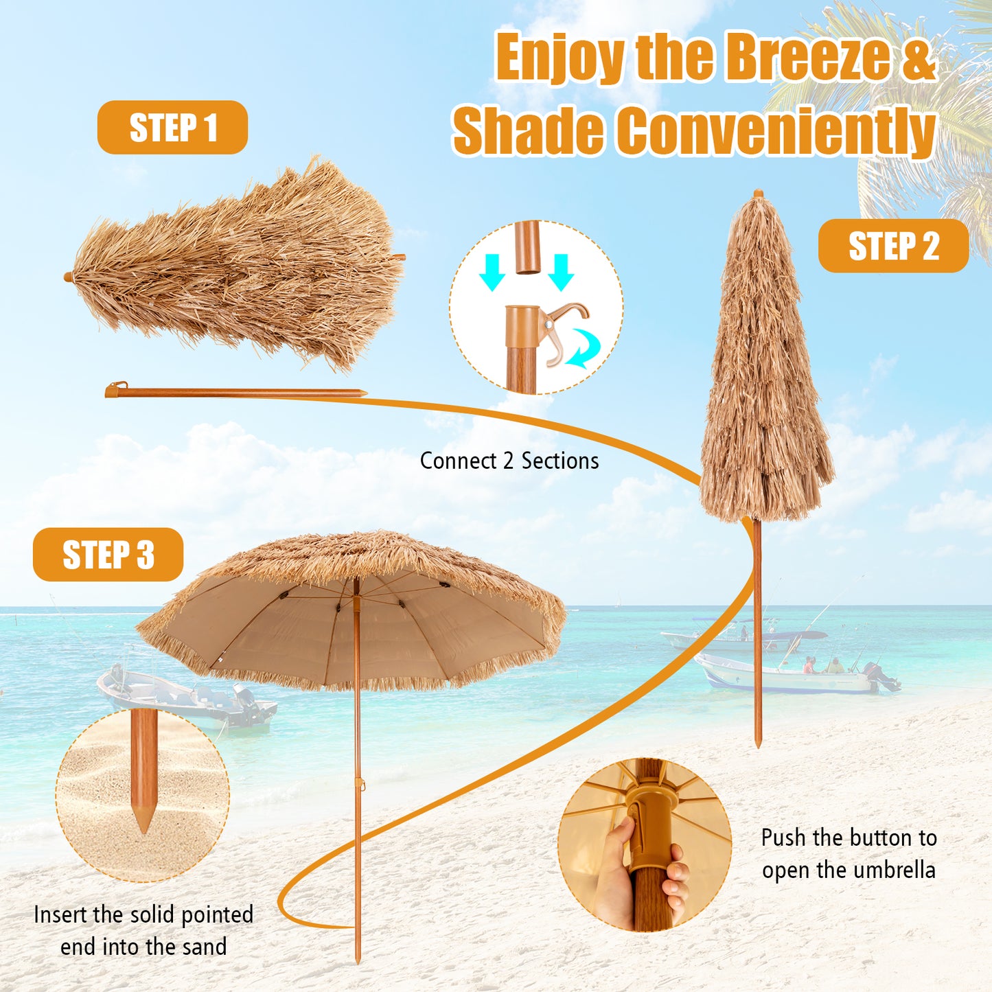 8 Feet Patio Thatched Tiki Umbrella Hawaiian Hula Beach Umbrella Kids Crystal