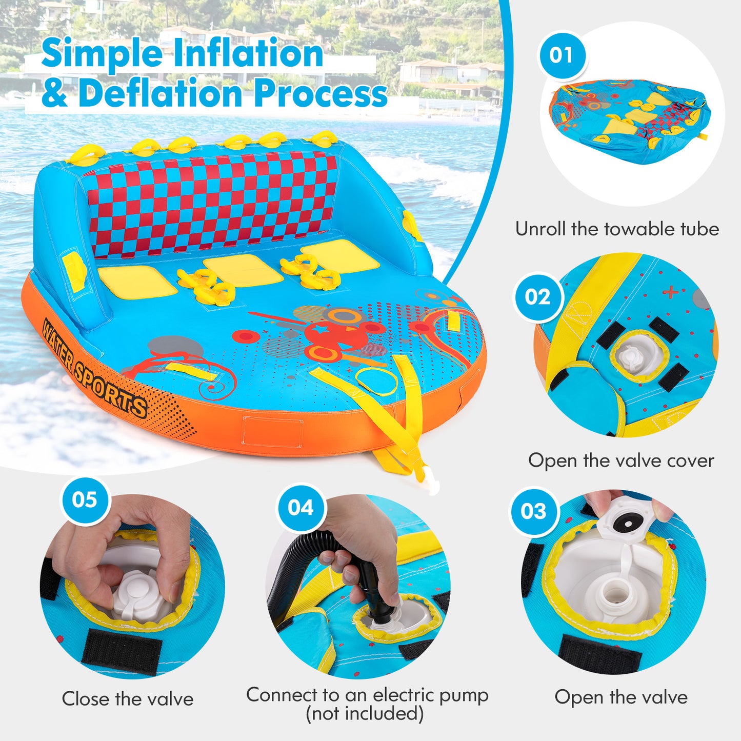 Towable Tube for Boating 3 Riders Water Sport Towables Sofa Pull Tube with Nylon Cover Kids Crystal