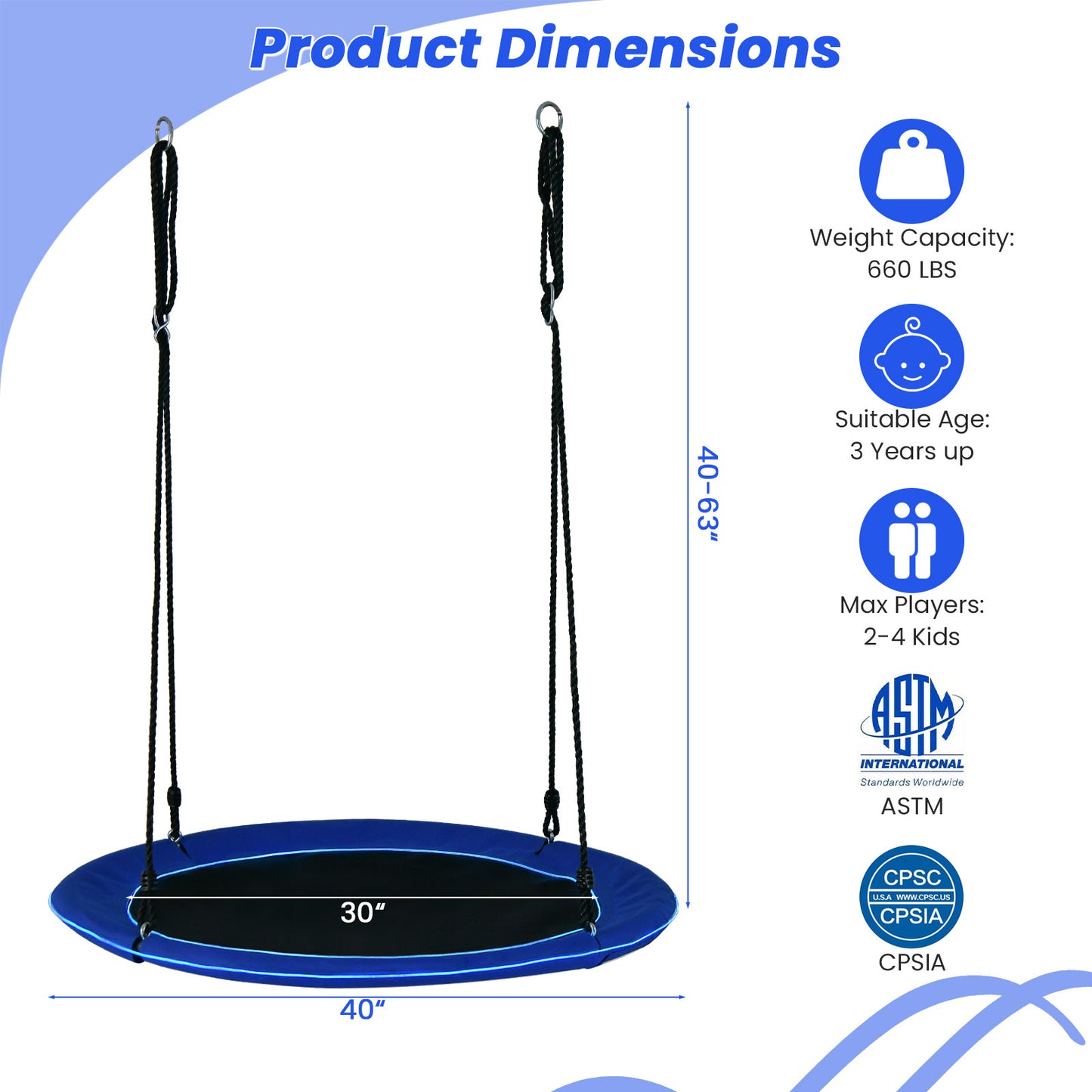 40 Inches Saucer Tree Swing for Kids and Adults-Navy Kids Crystal