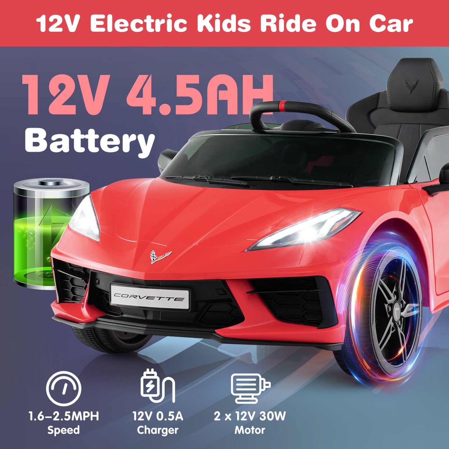 12V Electric Kids Ride On Car Licensed Chevrolet Corvette C8 with Remote Control Ages 3+ Years Old-Red