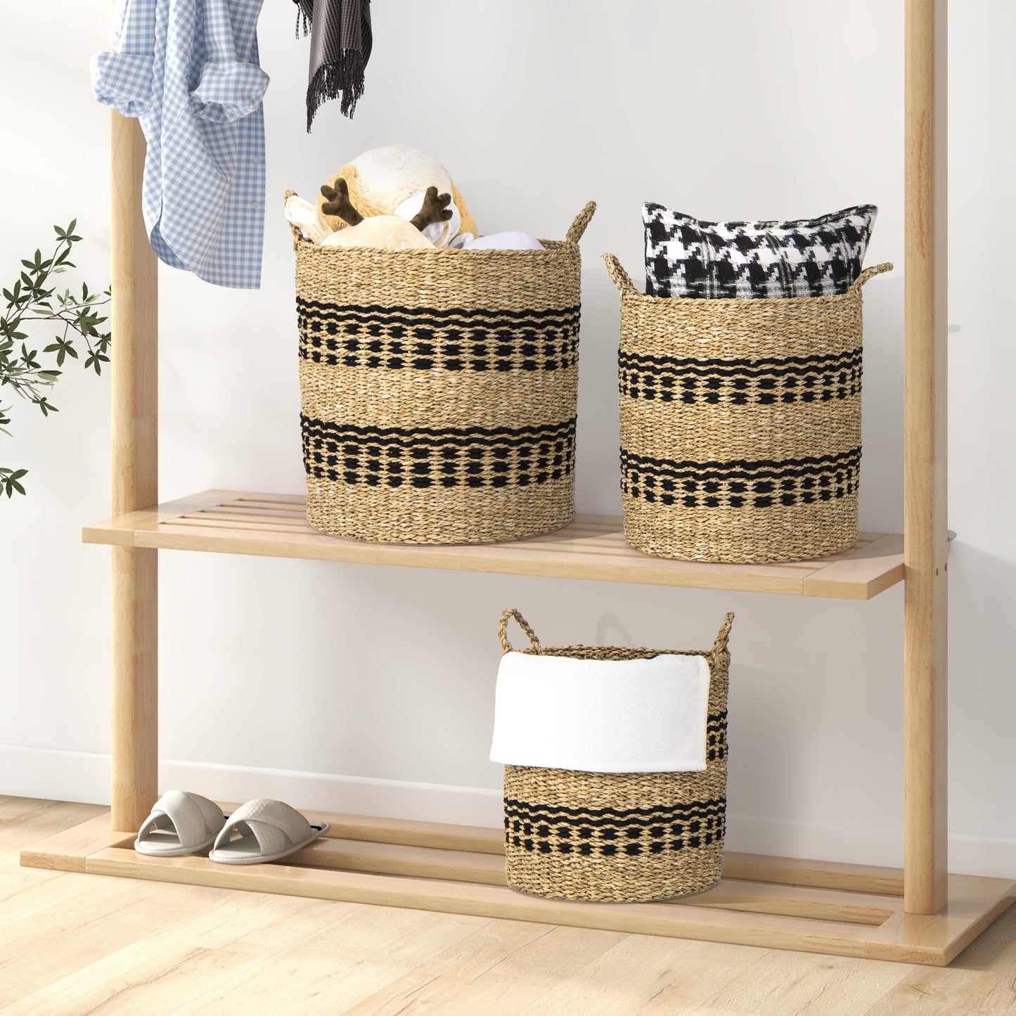 Seagrass Basket Set of 3 Stackable Storage Bins with Handles Woven Round Basket-M Kids Crystal