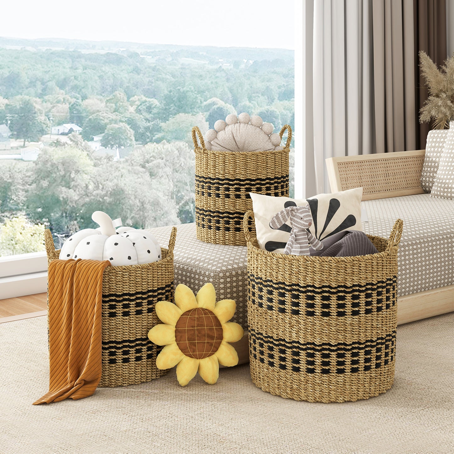 Seagrass Basket Set of 3 Stackable Storage Bins with Handles Woven Round Basket-M Kids Crystal