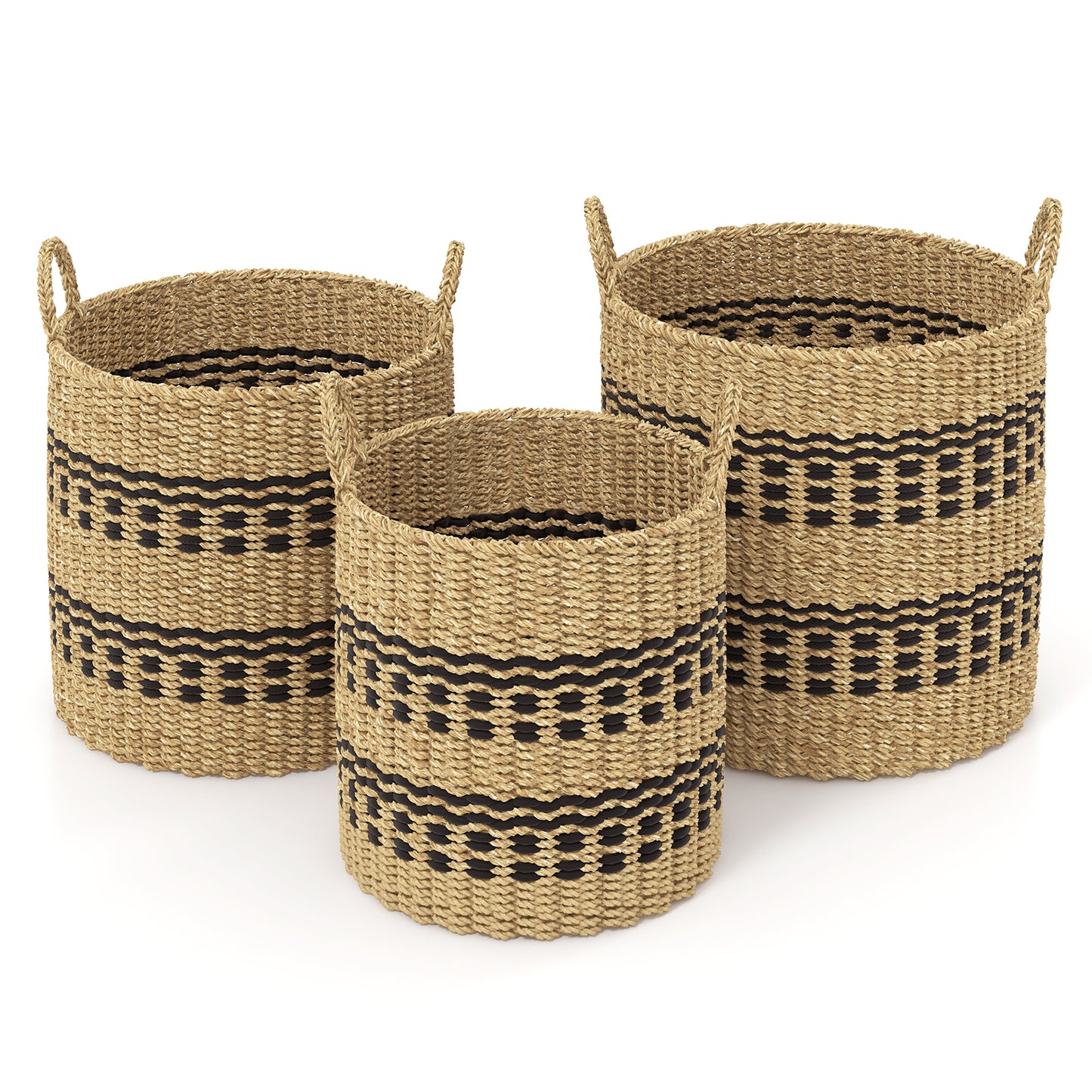 Seagrass Basket Set of 3 Stackable Storage Bins with Handles Woven Round Basket-M Kids Crystal