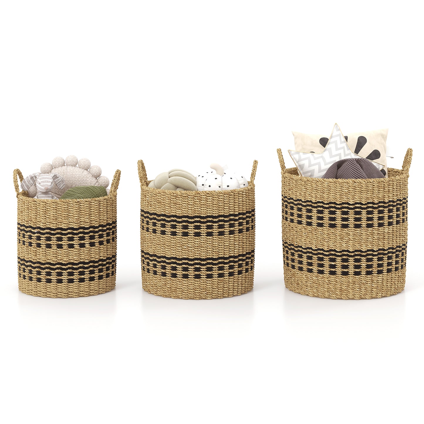 Seagrass Basket Set of 3 Stackable Storage Bins with Handles Woven Round Basket-M Kids Crystal