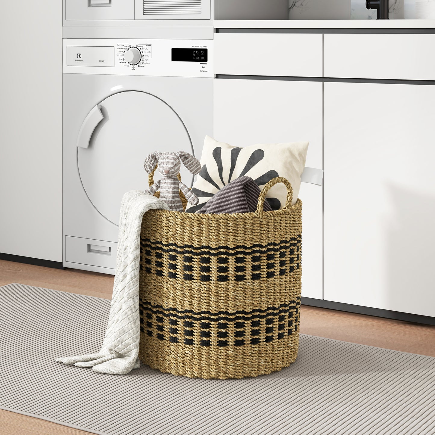 Seagrass Basket Set of 3 Stackable Storage Bins with Handles Woven Round Basket-M Kids Crystal