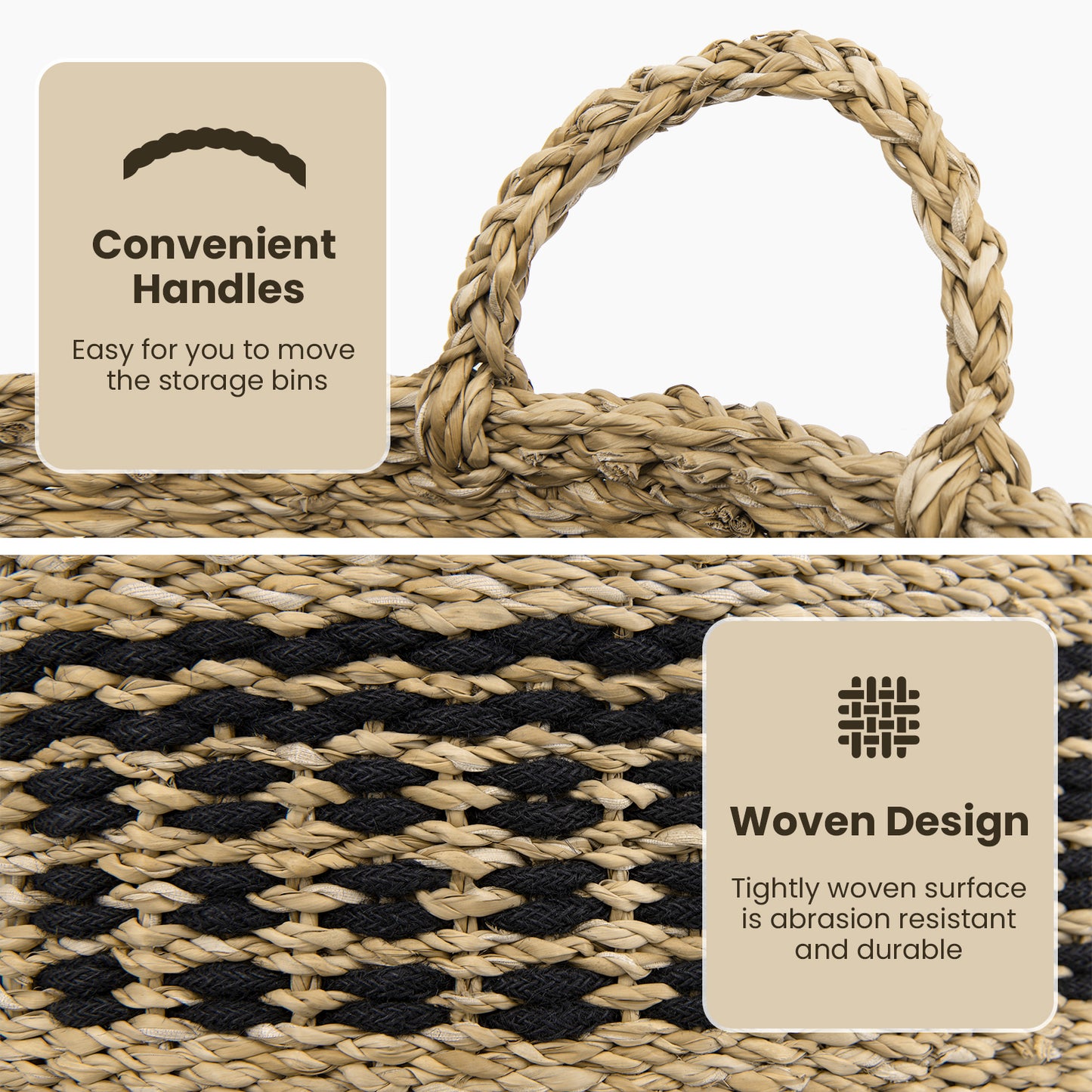 Seagrass Basket Set of 3 Stackable Storage Bins with Handles Woven Round Basket-M Kids Crystal