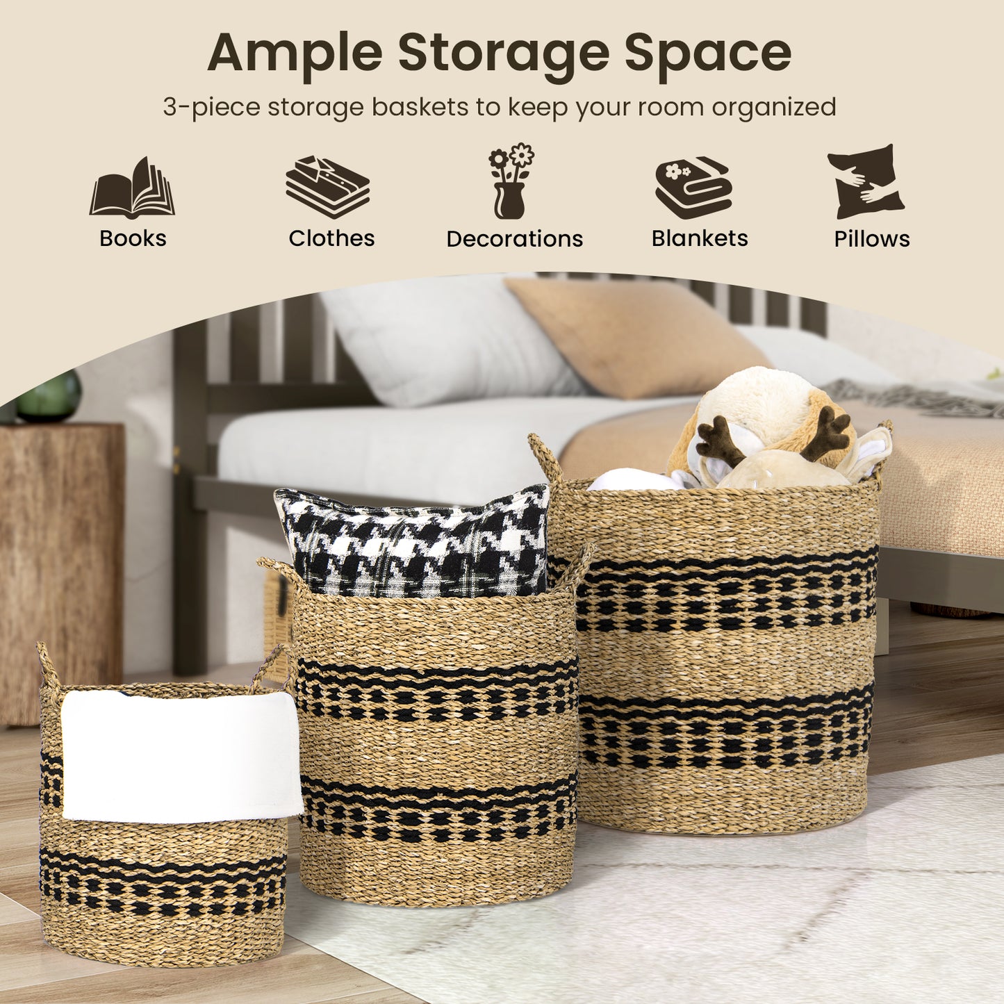 Seagrass Basket Set of 3 Stackable Storage Bins with Handles Woven Round Basket-M Kids Crystal