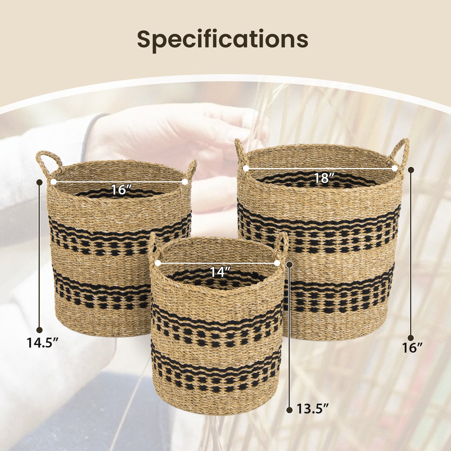 Seagrass Basket Set of 3 Stackable Storage Bins with Handles Woven Round Basket-M Kids Crystal