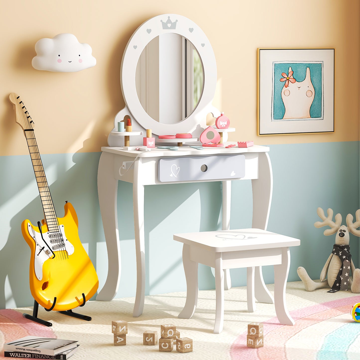 Kids 2-in-1 Princess Makeup Table and Chair Set with Removable Mirror-White Kids Crystal