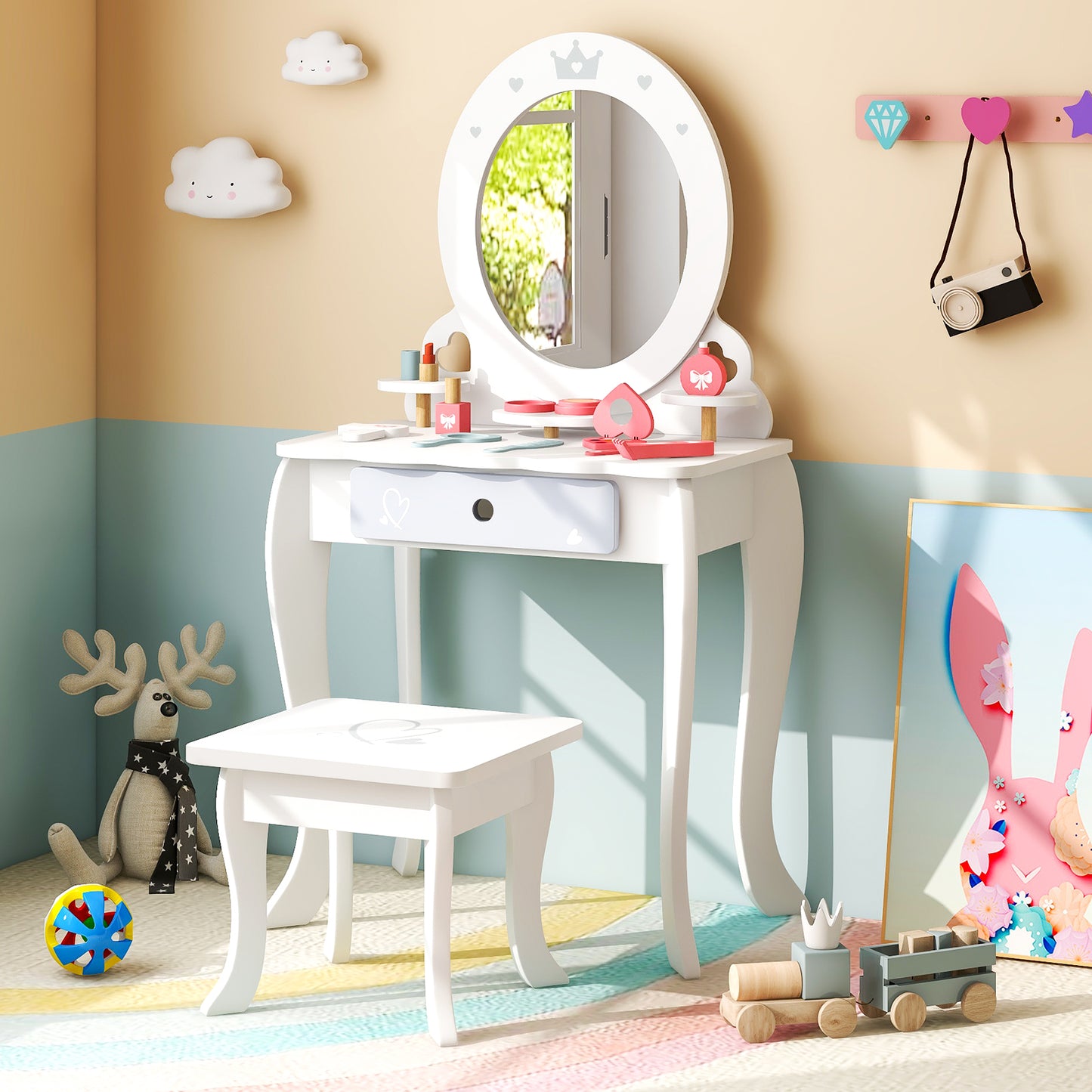 Kids 2-in-1 Princess Makeup Table and Chair Set with Removable Mirror-White Kids Crystal