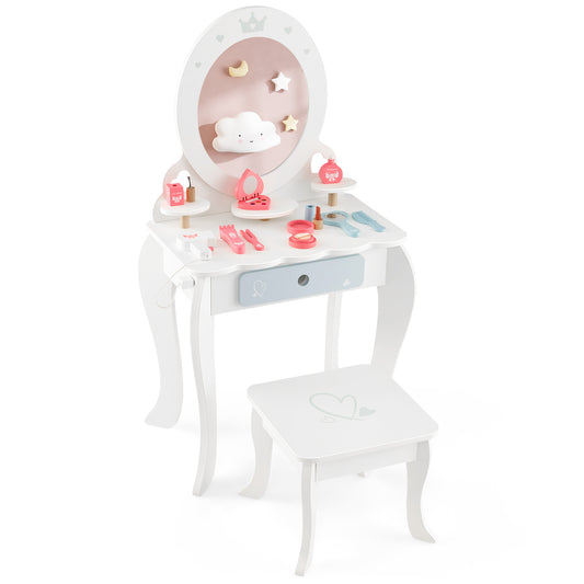 Kids 2-in-1 Princess Makeup Table and Chair Set with Removable Mirror-White Kids Crystal