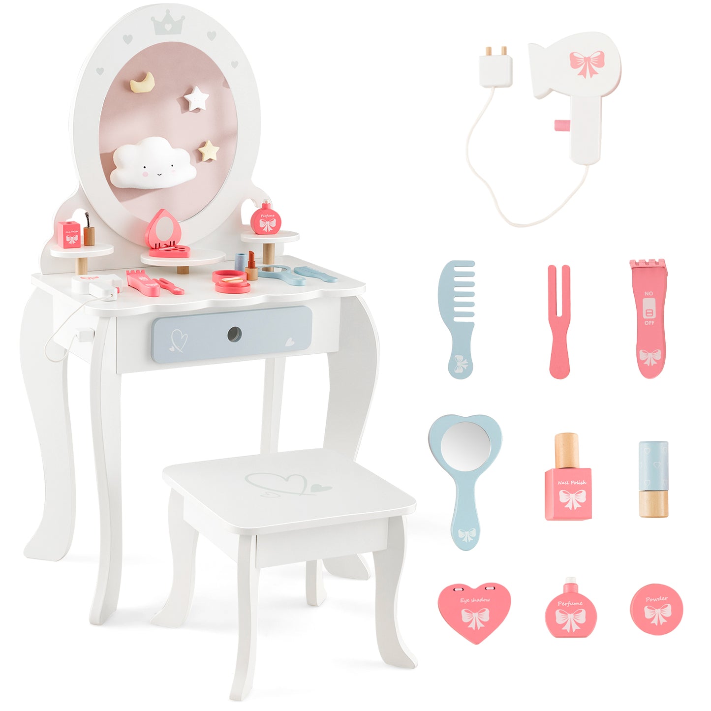 Kids 2-in-1 Princess Makeup Table and Chair Set with Removable Mirror-White Kids Crystal