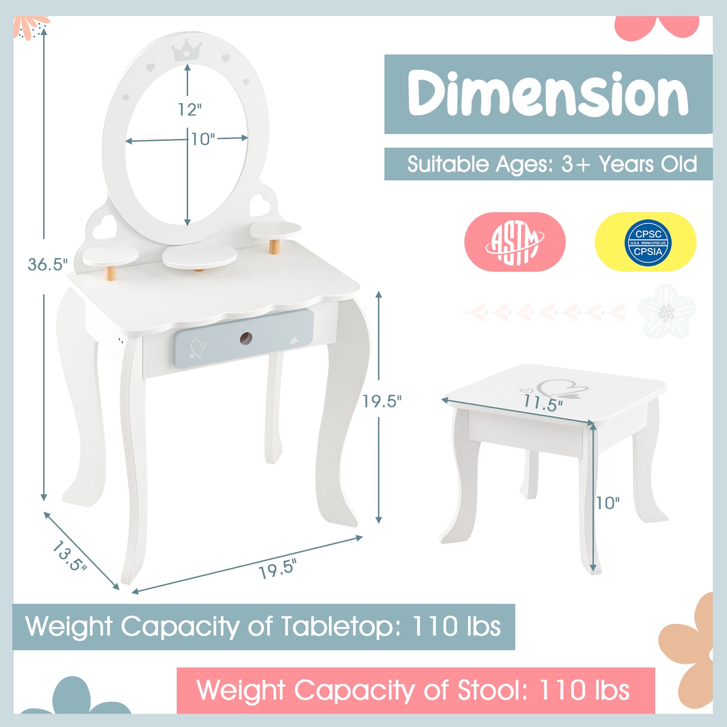 Kids 2-in-1 Princess Makeup Table and Chair Set with Removable Mirror-White Kids Crystal