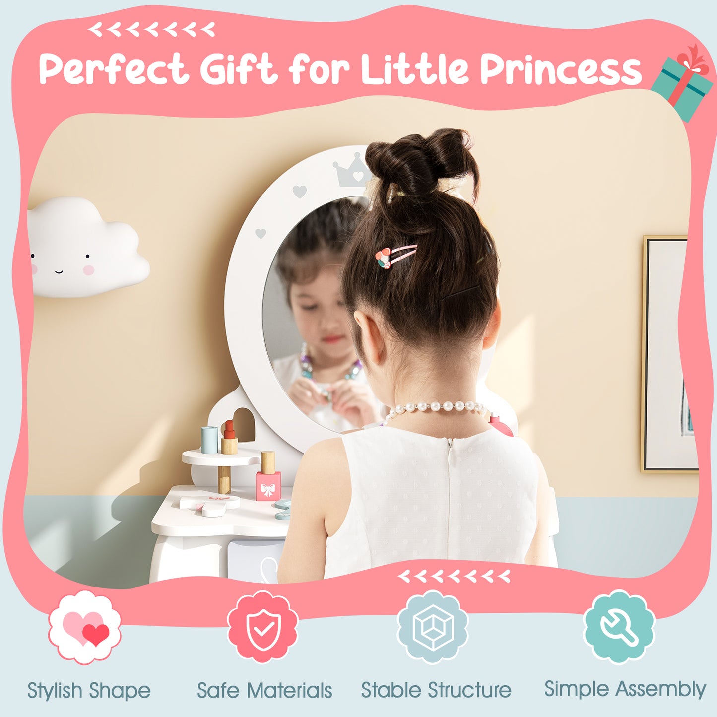 Kids 2-in-1 Princess Makeup Table and Chair Set with Removable Mirror-White Kids Crystal
