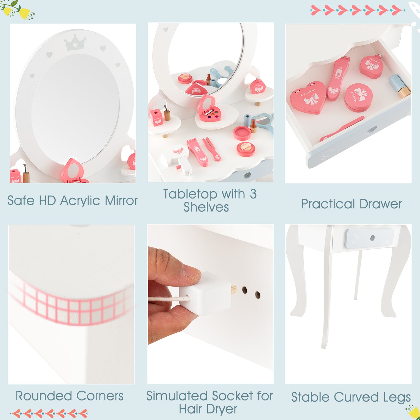 Kids 2-in-1 Princess Makeup Table and Chair Set with Removable Mirror-White Kids Crystal