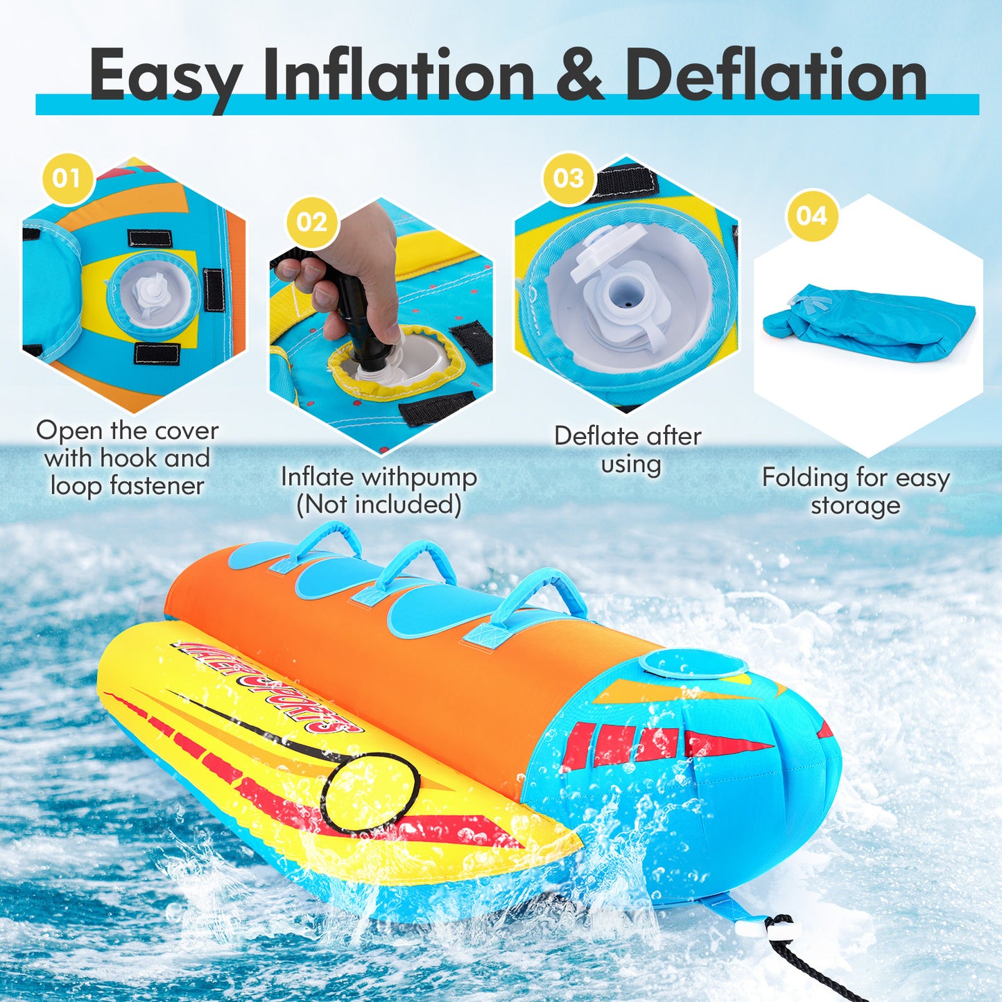 3-Person Inflatable Banana Boat with 3 EVA-padded Seats and Handles Kids Crystal