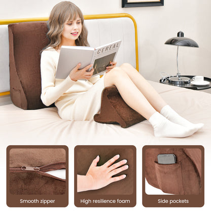 Bed Wedge Pillow with Tablet Pillow Stand and Side Pockets-Brown