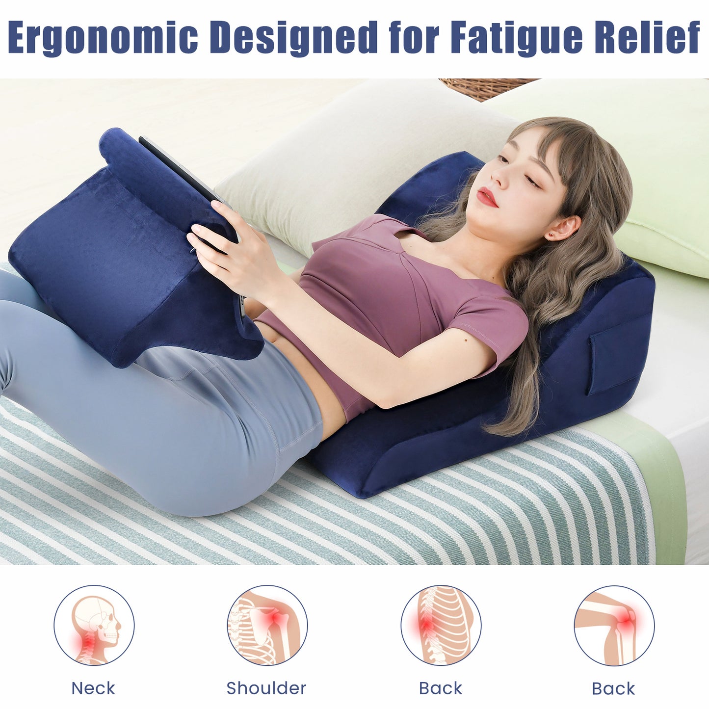 Bed Wedge Pillow with Tablet Pillow Stand and Side Pockets-Navy Kids Crystal