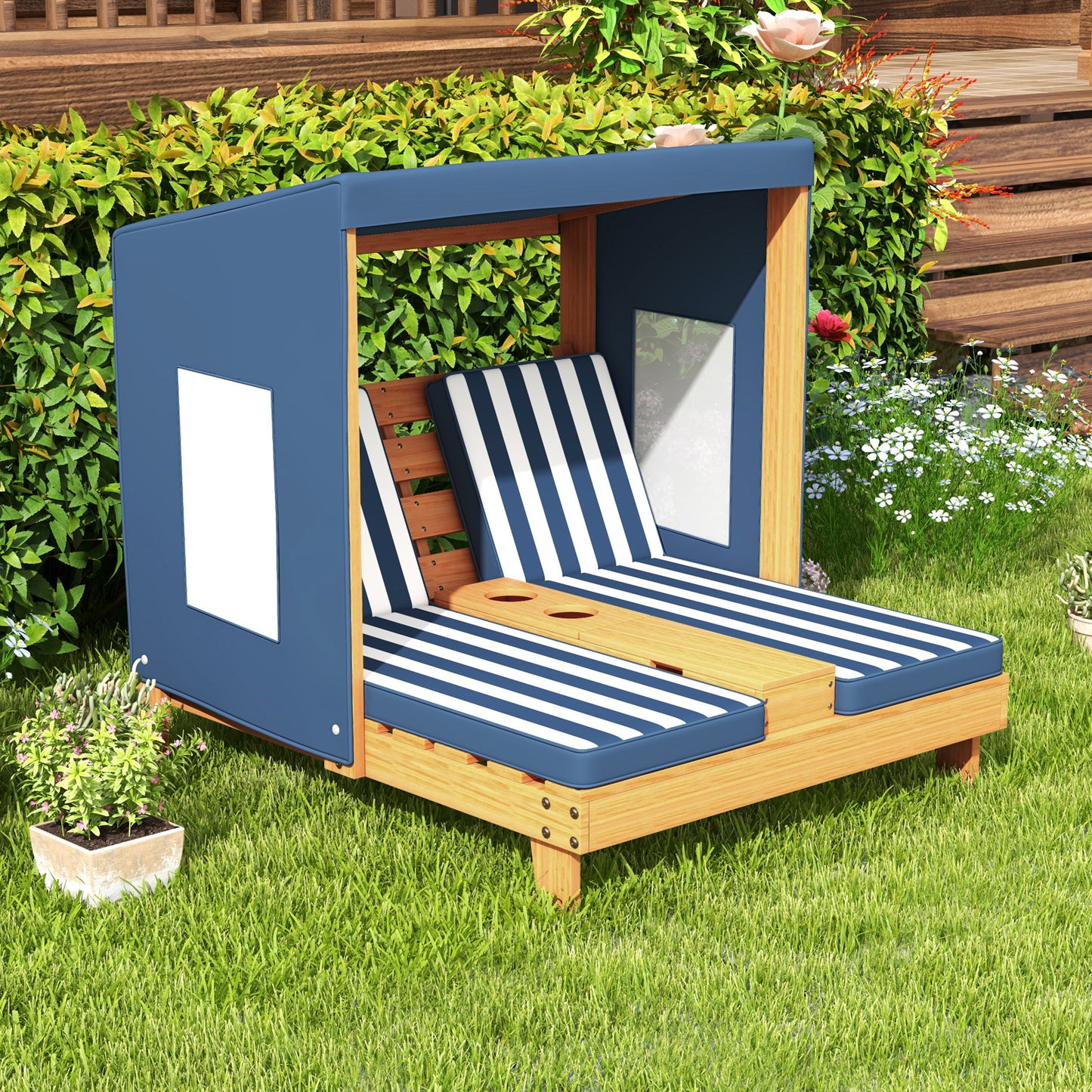 Kids Patio Lounge Chair with Cup Holders and Awning-Navy Kids Crystal