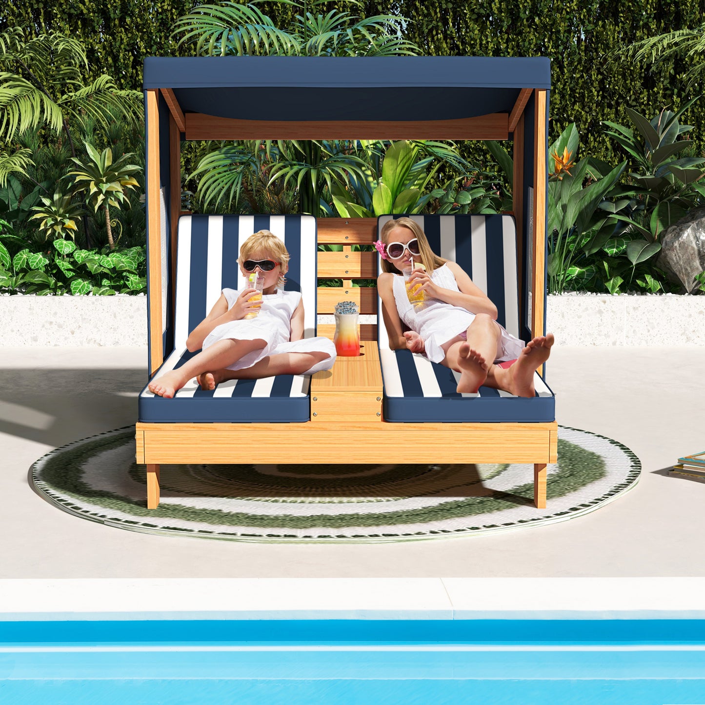 Kids Patio Lounge Chair with Cup Holders and Awning-Navy Kids Crystal