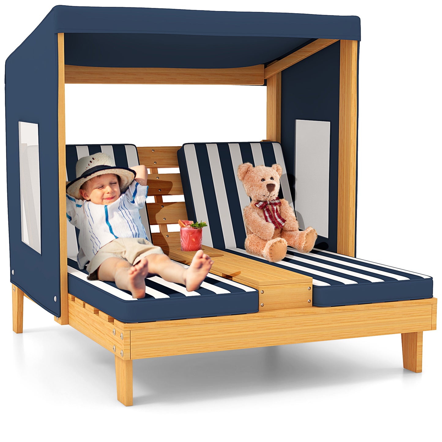 Kids Patio Lounge Chair with Cup Holders and Awning-Navy Kids Crystal