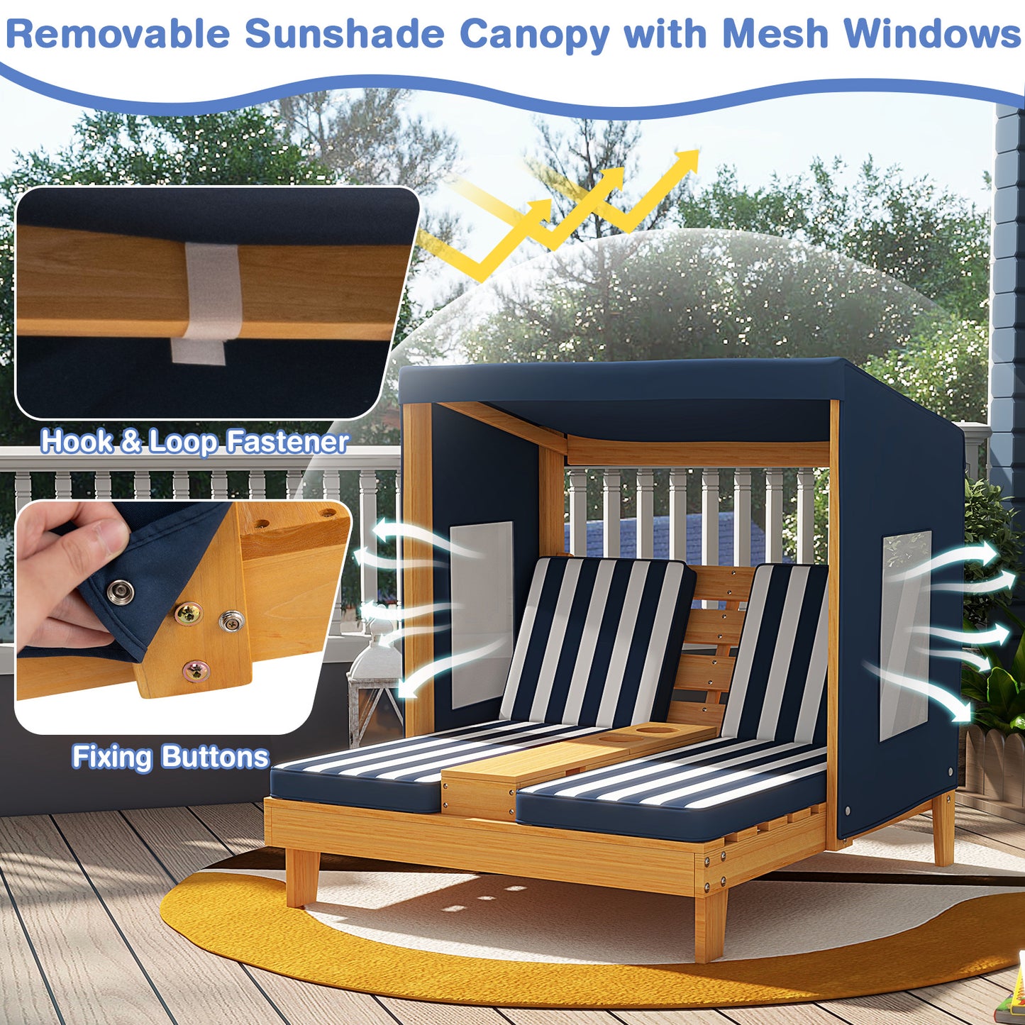 Kids Patio Lounge Chair with Cup Holders and Awning-Navy Kids Crystal