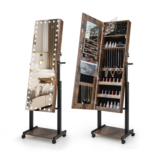 3-Color 46 LED Lights Mirror Jewelry Cabinet Armoire Adjustable Height with Wheels-Brown Kids Crystal