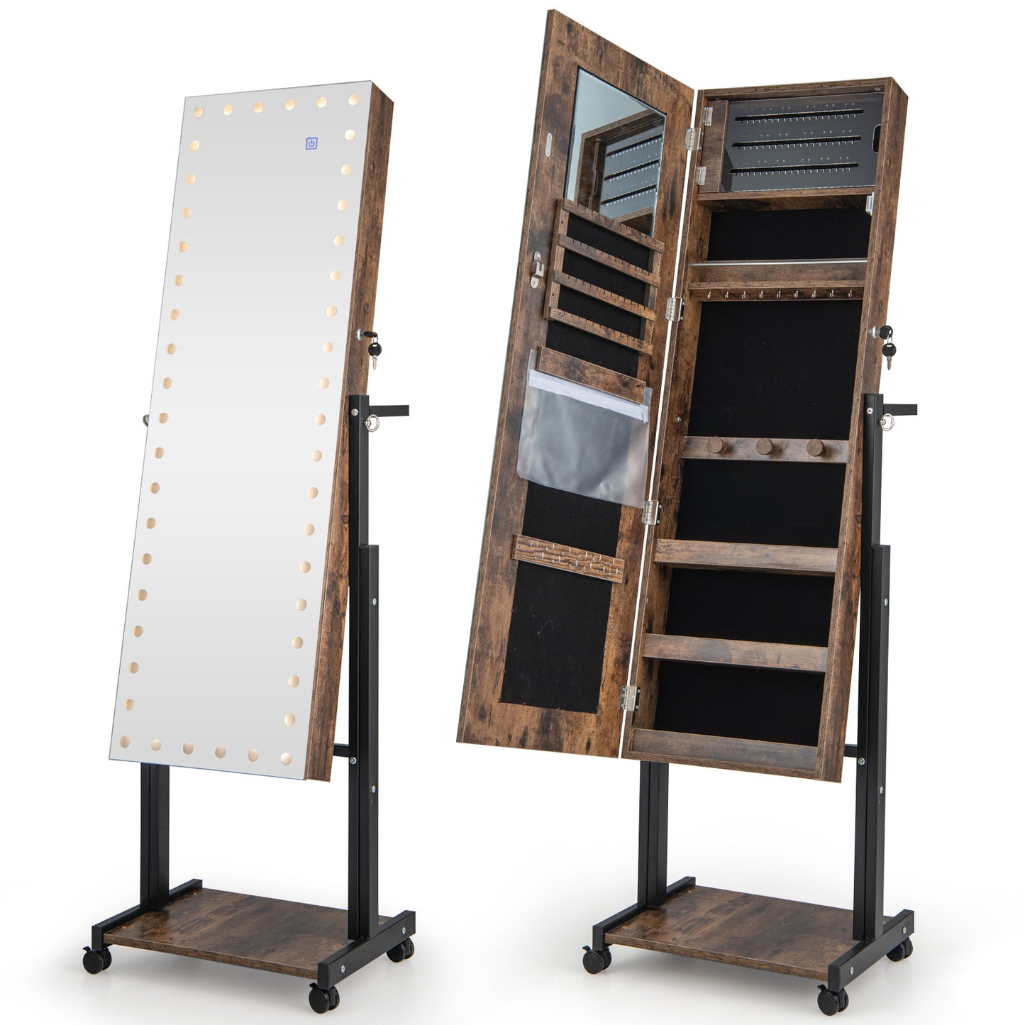 3-Color 46 LED Lights Mirror Jewelry Cabinet Armoire Adjustable Height with Wheels-Brown Kids Crystal