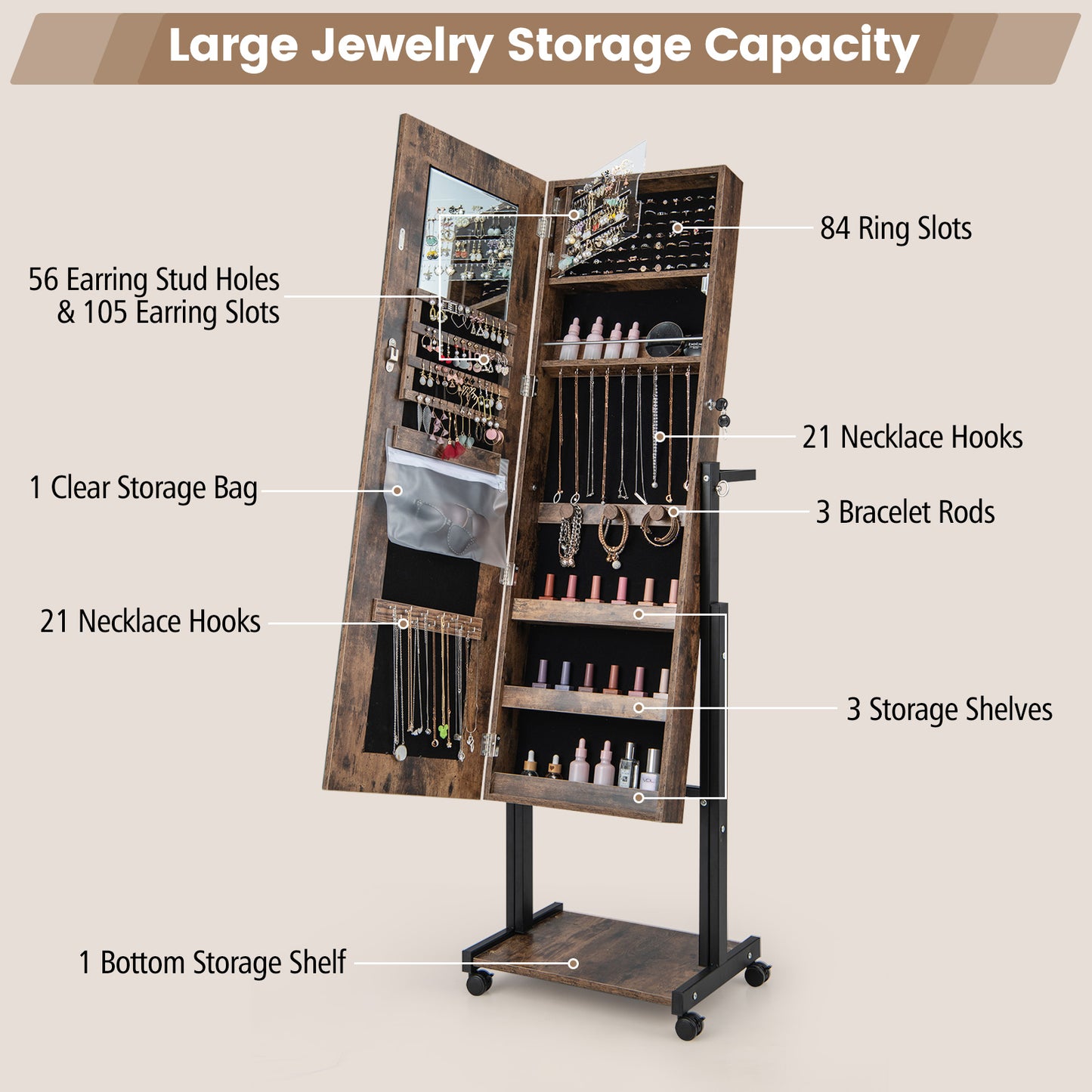 3-Color 46 LED Lights Mirror Jewelry Cabinet Armoire Adjustable Height with Wheels-Brown Kids Crystal