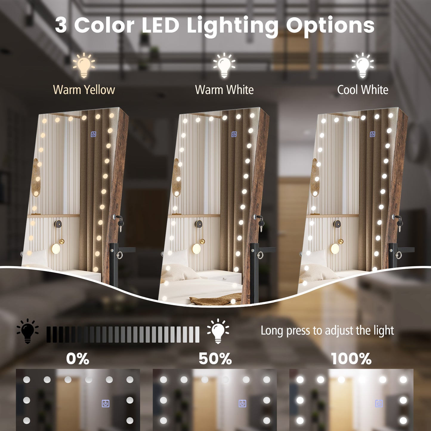 3-Color 46 LED Lights Mirror Jewelry Cabinet Armoire Adjustable Height with Wheels-Brown Kids Crystal