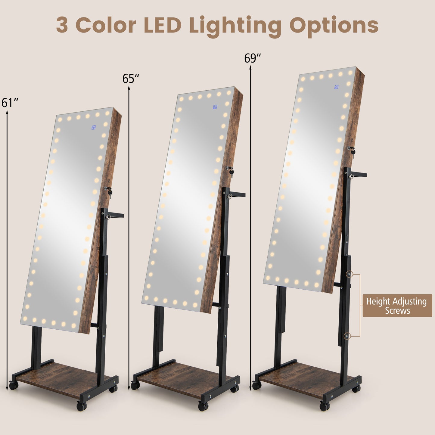 3-Color 46 LED Lights Mirror Jewelry Cabinet Armoire Adjustable Height with Wheels-Brown Kids Crystal