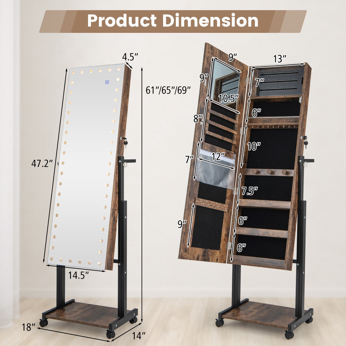3-Color 46 LED Lights Mirror Jewelry Cabinet Armoire Adjustable Height with Wheels-Brown Kids Crystal